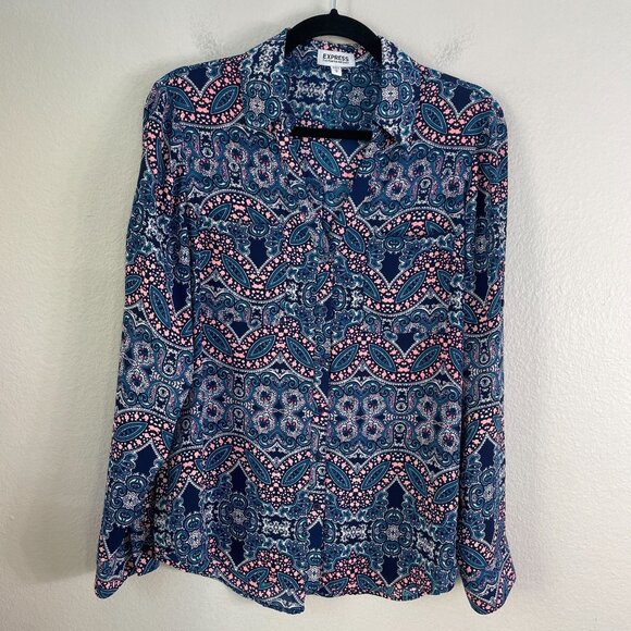 Express Portofino Shirt Womens Medium Paisley Roll Tab Sleeve Blouse Top - Picture 1 of 8